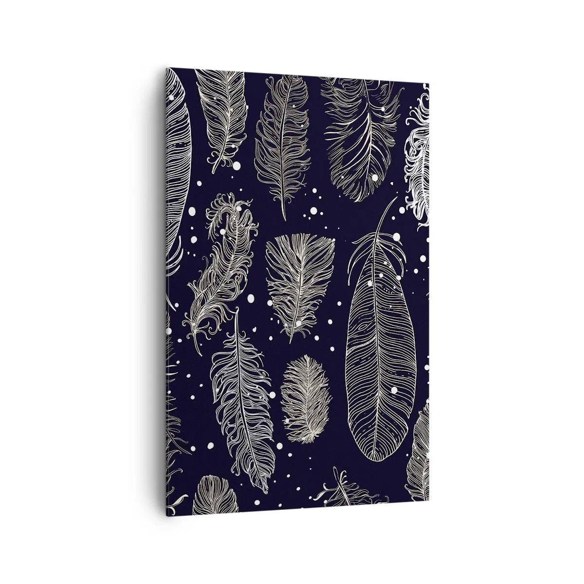 Obraz na płótnie - Delikatne białe pióra na granatowym tle - 80x120cm - Pierzasta koronka - Nowoczesna dekoracja ścienna do salonu i sypialni ARTTOR