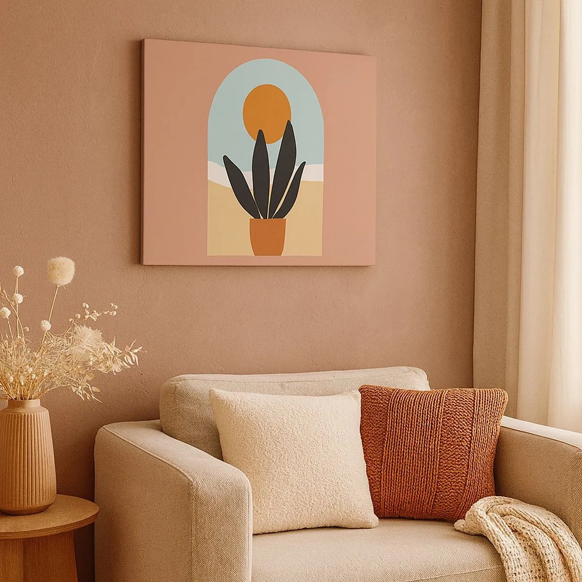 Obraz na płótnie - Czarna roślina w doniczce na tle słońca - 70x50cm - Drobne radości - Nowoczesna dekoracja ścienna do salonu i sypialni ARTTOR