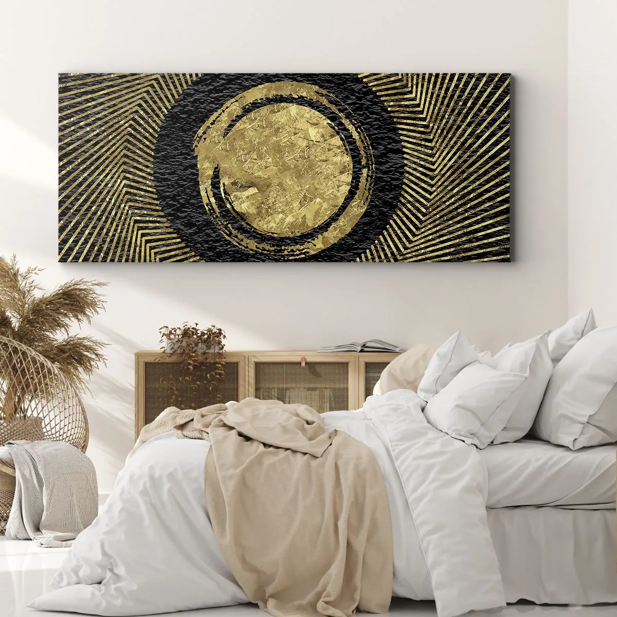 Obraz na płótnie - Geometryczna kompozycja w czerni i złocie z promieniami - 140x50cm - Kompozycja glamour - Nowoczesna dekoracja ścienna do salonu i sypialni ARTTOR