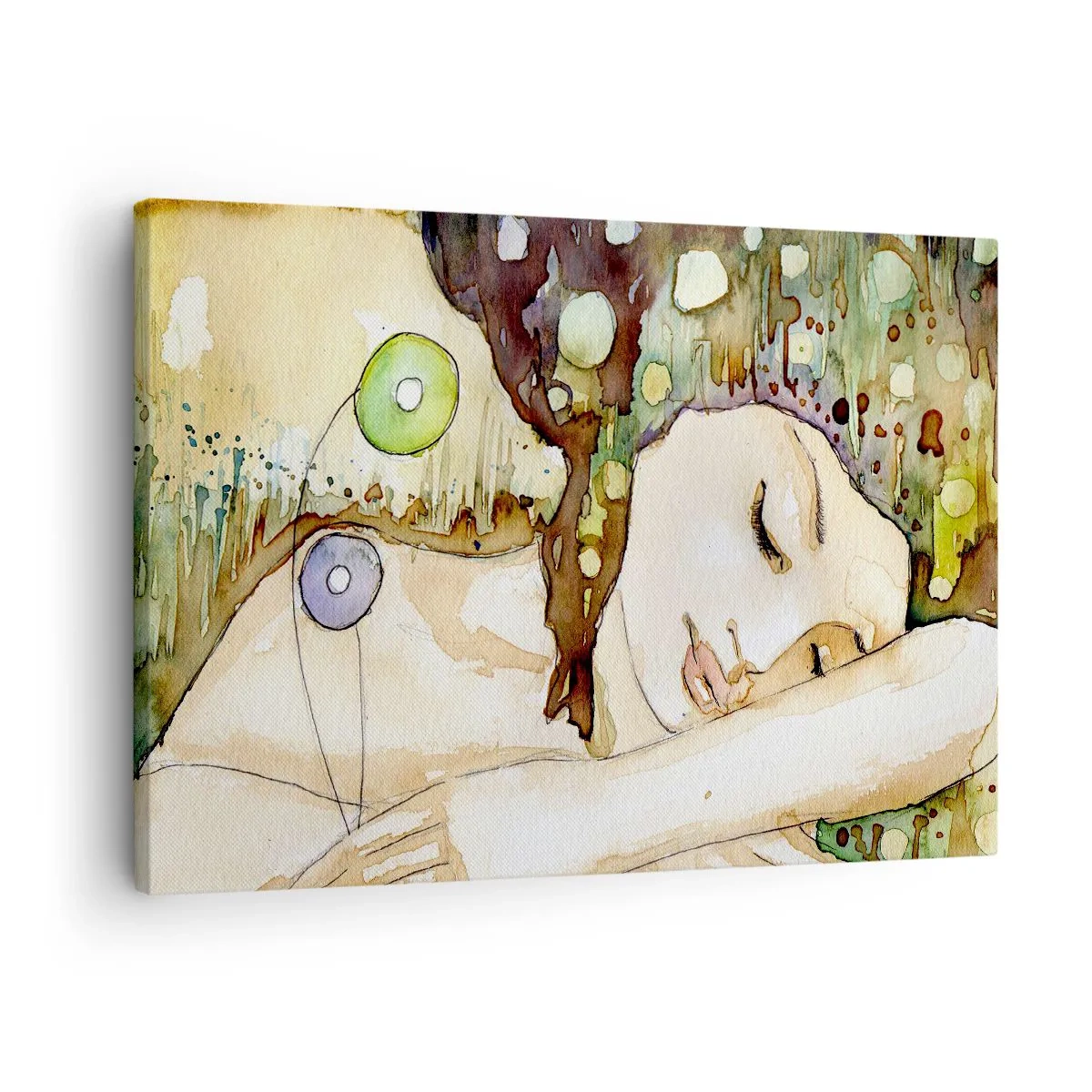 Obraz na płótnie - Kobieta śniąca w otoczeniu abstrakcyjnych kształtów i barw - 70x50cm - Szmaragdowo-fiołkowy sen - Nowoczesna dekoracja ścienna do salonu i sypialni ARTTOR