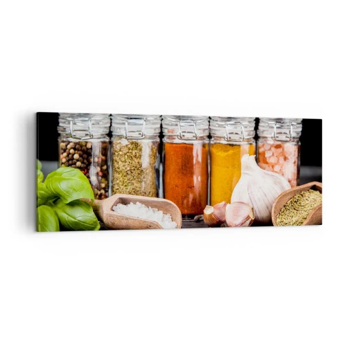 Obraz na płótnie - Zioła i przyprawy w szklanych słoikach na ciemnym tle - 140x50cm - Żeby życie miało smak - Nowoczesna dekoracja ścienna do salonu i sypialni ARTTOR