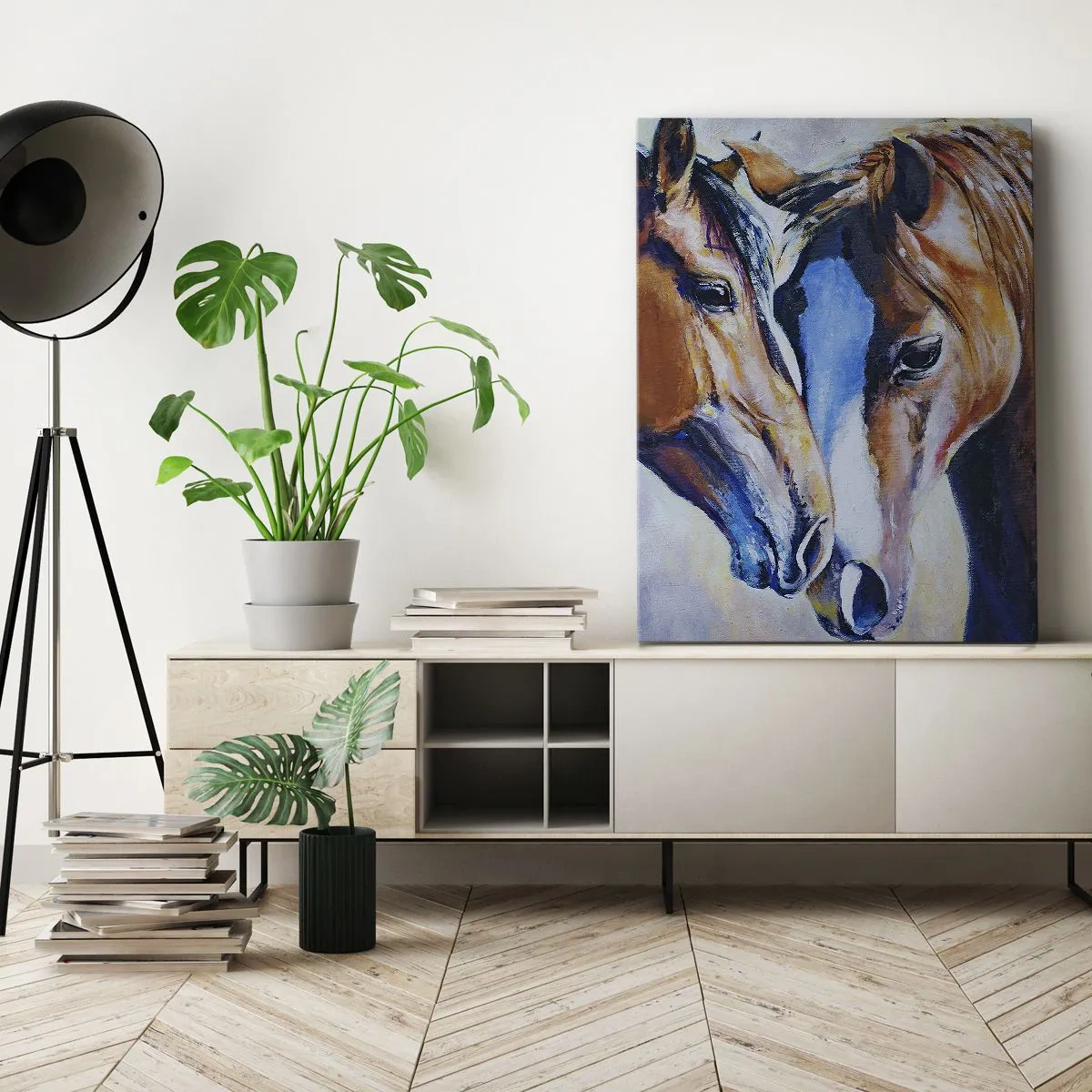 Obraz na płótnie - Malarskie przedstawienie dwóch koni w przyjacielskiej scenerii - 80x120cm - Czy to jest przyjaźń? czy to jest kochanie? - Nowoczesna dekoracja ścienna do salonu i sypialni ARTTOR