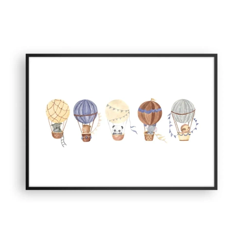 Plakat w czarnej ramie - Urocze zwierzęta w balonach na białym tle - 100x70cm - Przyjaciele w podróży - Nowoczesna dekoracja ścienna do salonu i sypialni ARTTOR