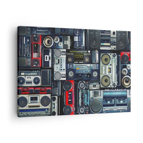 Obraz na płótnie - Kolaż retro magnetofonów i głośników w stylu vintage - 70x50cm - Tęsknota za latami 80. - Nowoczesna dekoracja ścienna do salonu i sypialni ARTTOR