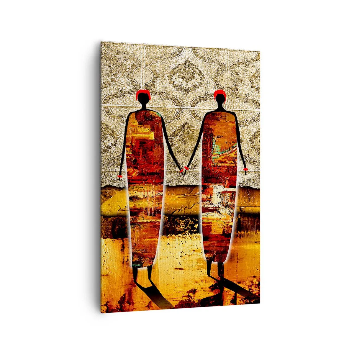 Obraz na płótnie - Abstrakcyjna para postaci na tle złotych wzorów i krajobrazu - 80x120cm - Kompozycja etniczna w kolorach Afryki - Nowoczesna dekoracja ścienna do salonu i sypialni ARTTOR