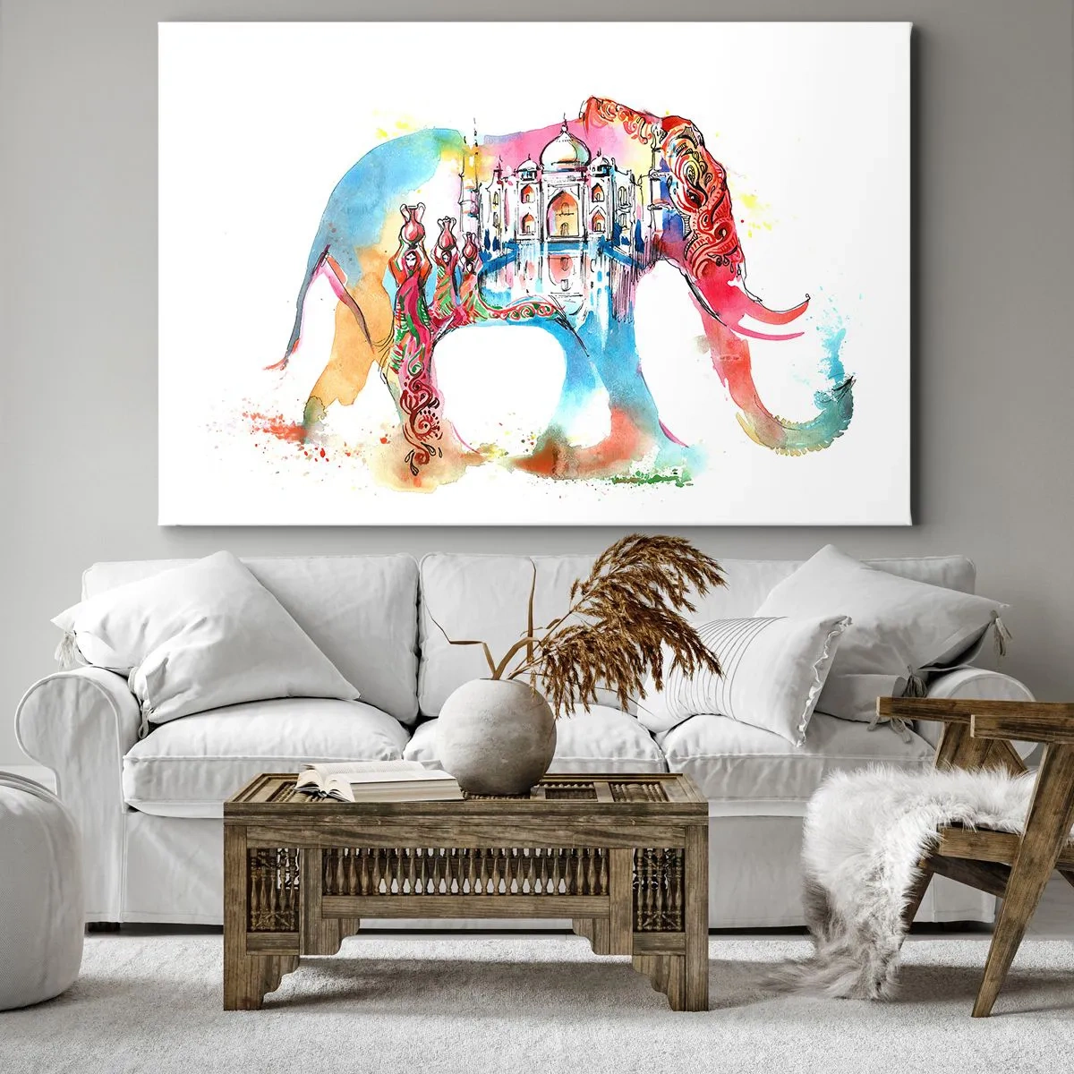 Obraz na płótnie - Kolorowa akwarela słonia z motywem Taj Mahal - 70x50cm - Indie - aura miłości - Nowoczesna dekoracja ścienna do salonu i sypialni ARTTOR