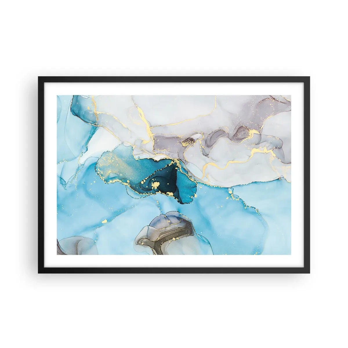 Plakat w czarnej ramie - Abstrakcja w odcieniach błękitu i złota z subtelnymi liniami - 70x50cm - Studium spotkania szarości z turkusem - Nowoczesna dekoracja ścienna do salonu i sypialni ARTTOR