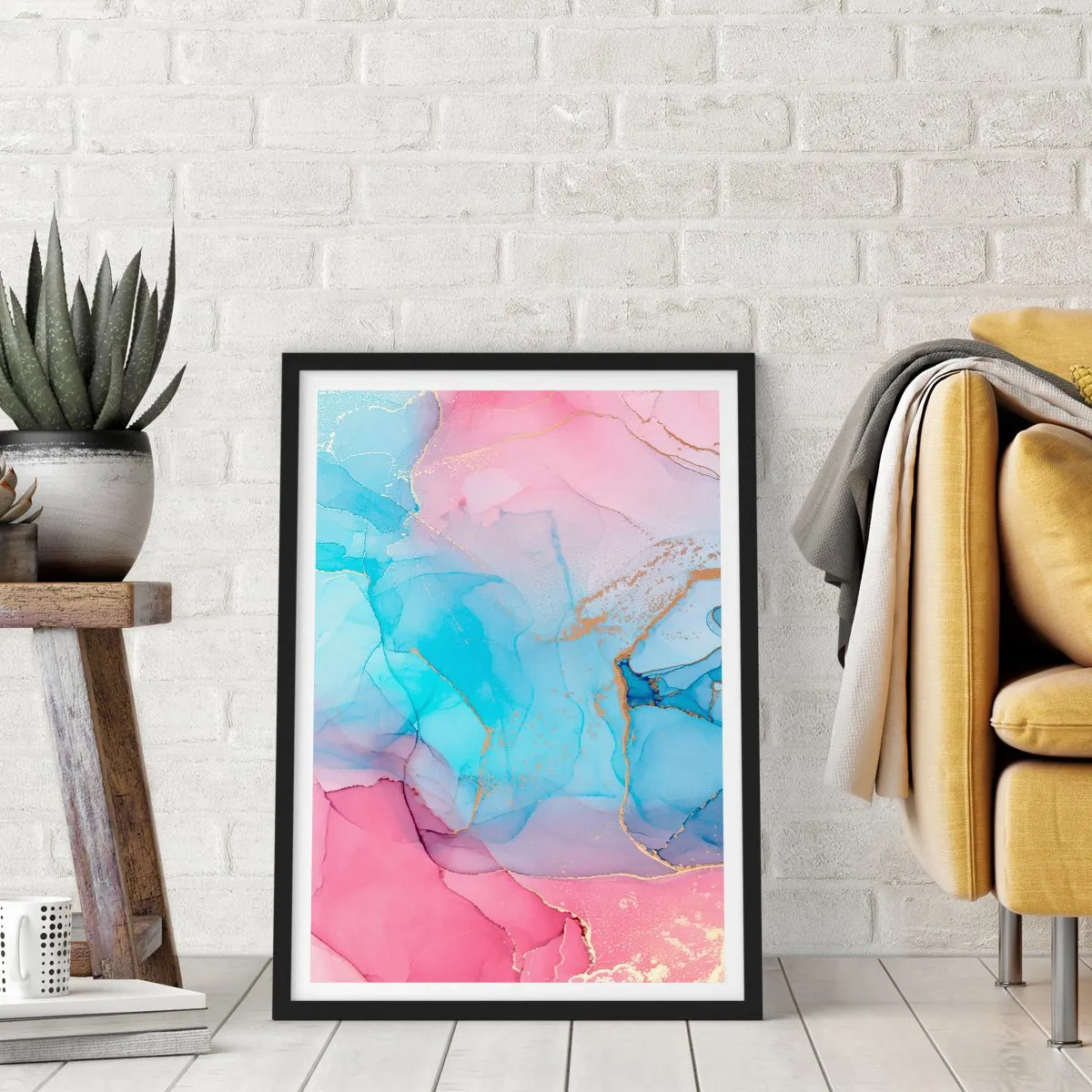 Plakat w czarnej ramie - Abstrakcyjne plamy w odcieniach różu, błękitu i złota - 50x70cm - Spotkanie i przenikanie - Nowoczesna dekoracja ścienna do salonu i sypialni ARTTOR