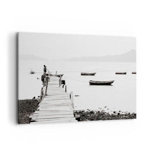 Obraz na płótnie - Drewniane molo i łodzie na spokojnej wodzie - 100x70cm - Nad wodą cichą i czystą - Nowoczesna dekoracja ścienna do salonu, kuchni i sypialni ARTTOR