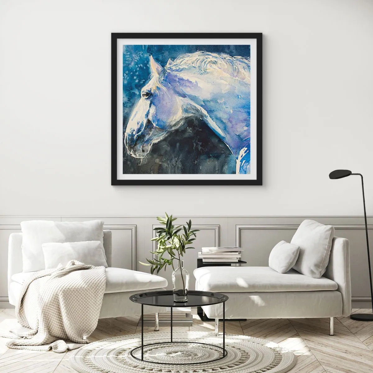 Plakat w czarnej ramie - Portret w błękitnej poświacie - 60x60 cm