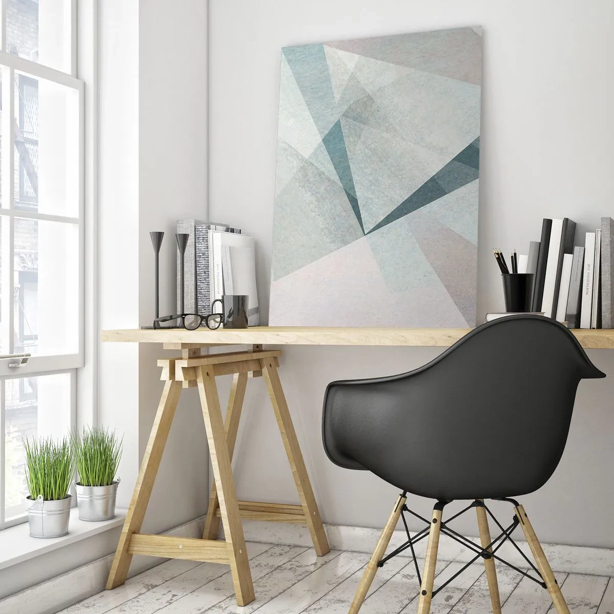Obraz na szkle - Geometryczne kształty w pastelowych odcieniach błękitu i szarości - 70x100cm - Spokojnie choć dynamicznie - Nowoczesna dekoracja ścienna do salonu i sypialni ARTTOR