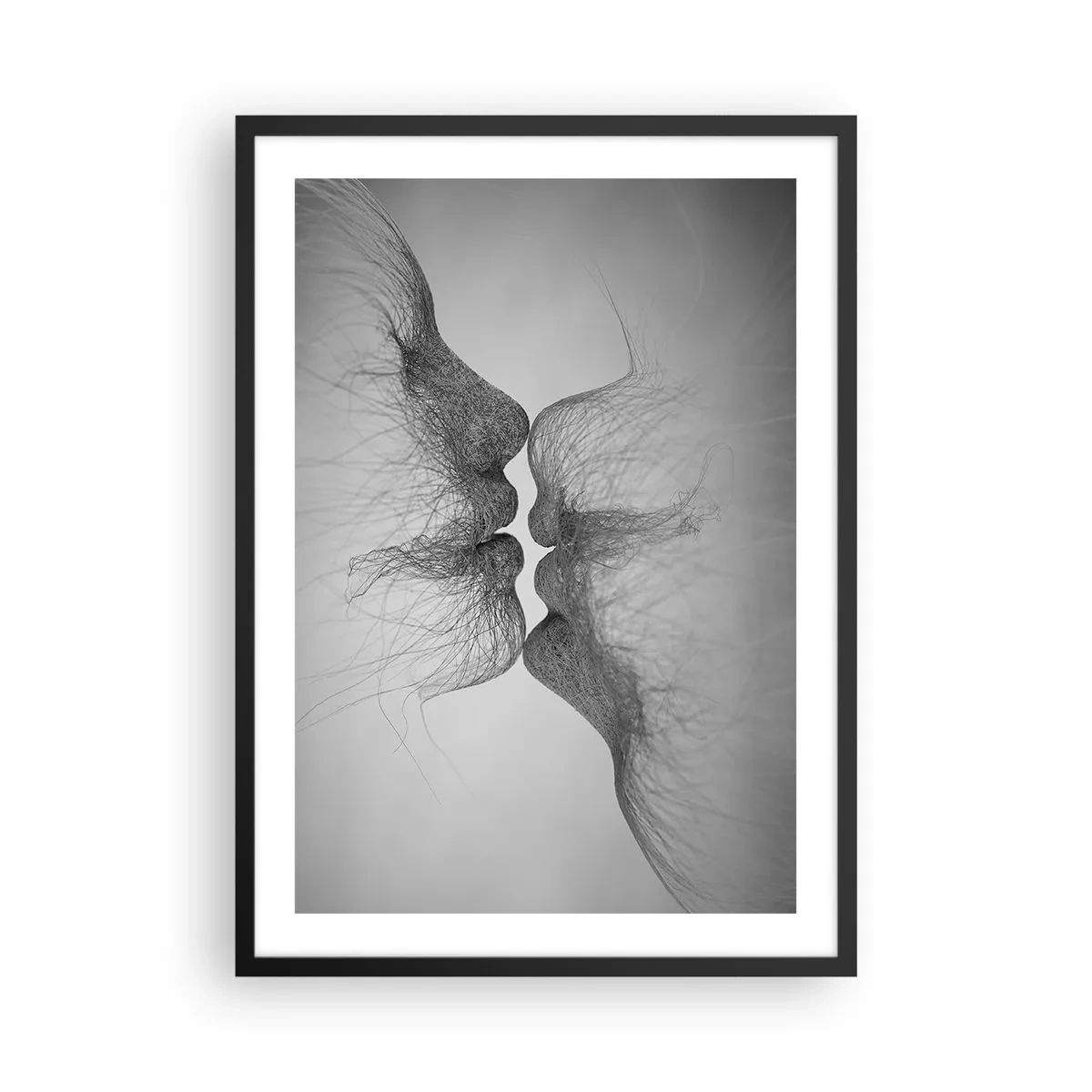 Plakat w czarnej ramie - Abstrakcyjne twarze w akcie pocałunku, czarno-białe - 50x70cm - Pocałunek wiatru - Nowoczesna dekoracja ścienna do salonu i sypialni ARTTOR