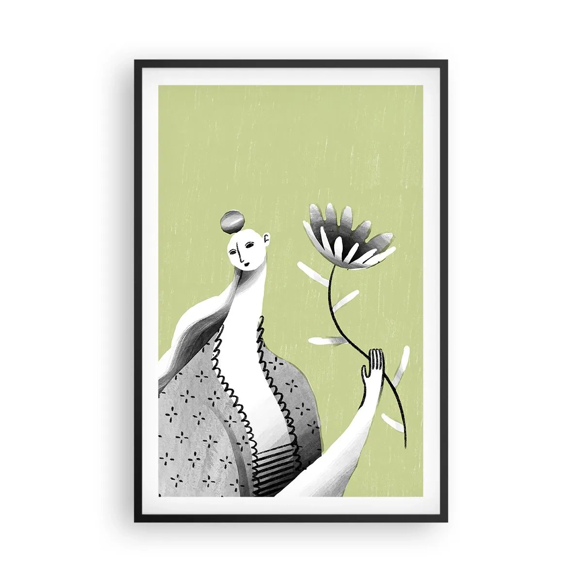 Plakat w czarnej ramie - Portret modernistyczny – trzymająca kwiat - 61x91 cm