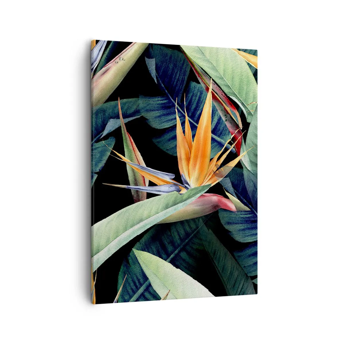 Obraz na płótnie - Strelitzia wśród tropikalnych liści na ciemnym tle - 50x70cm - Płomienne kwiaty tropików - Nowoczesna dekoracja ścienna do salonu, kuchni i sypialni ARTTOR