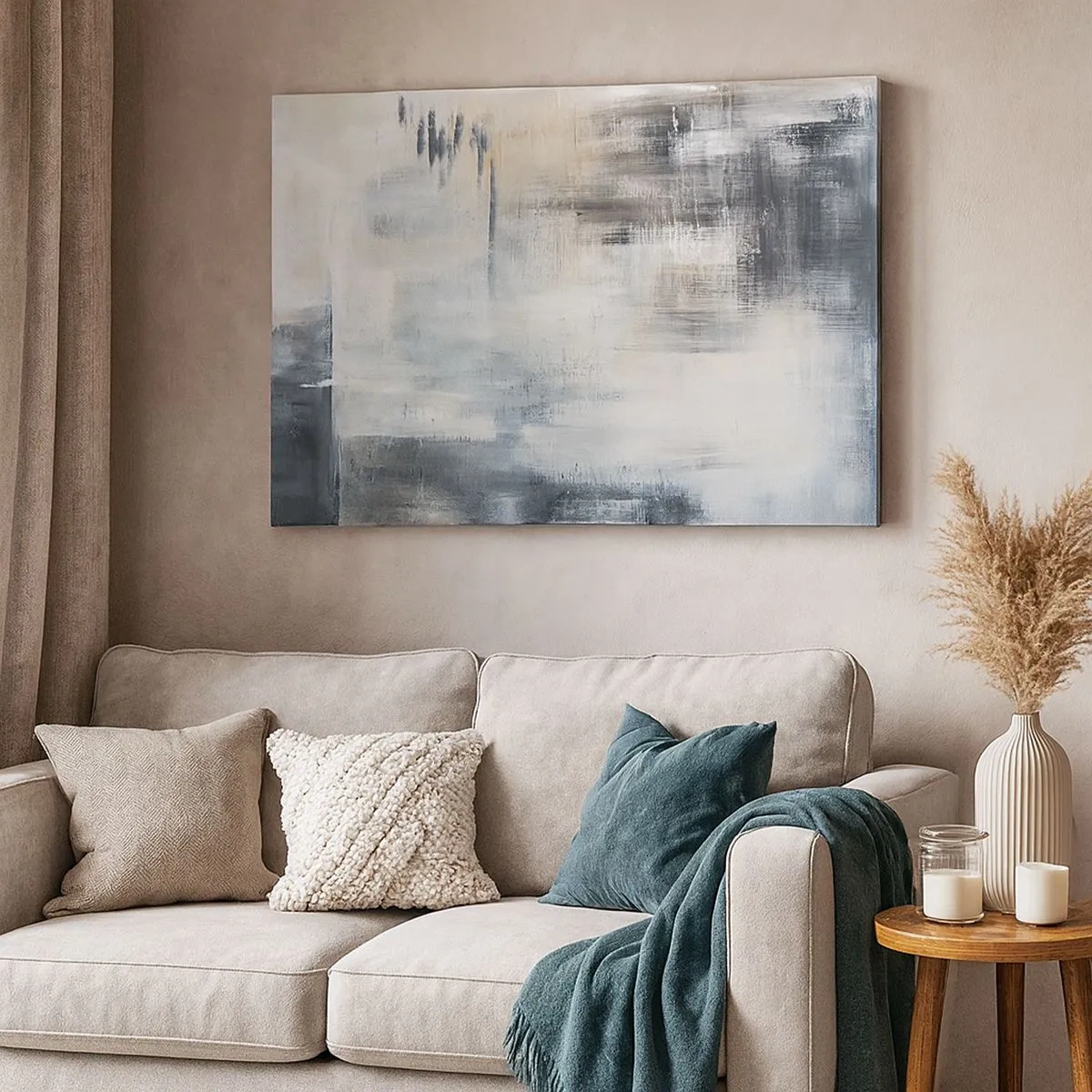 Obraz na płótnie - Abstrakcyjna kompozycja w odcieniach błękitu i szarości - 70x50cm - Za zasłoną błękitu - Nowoczesna dekoracja ścienna do salonu i sypialni ARTTOR