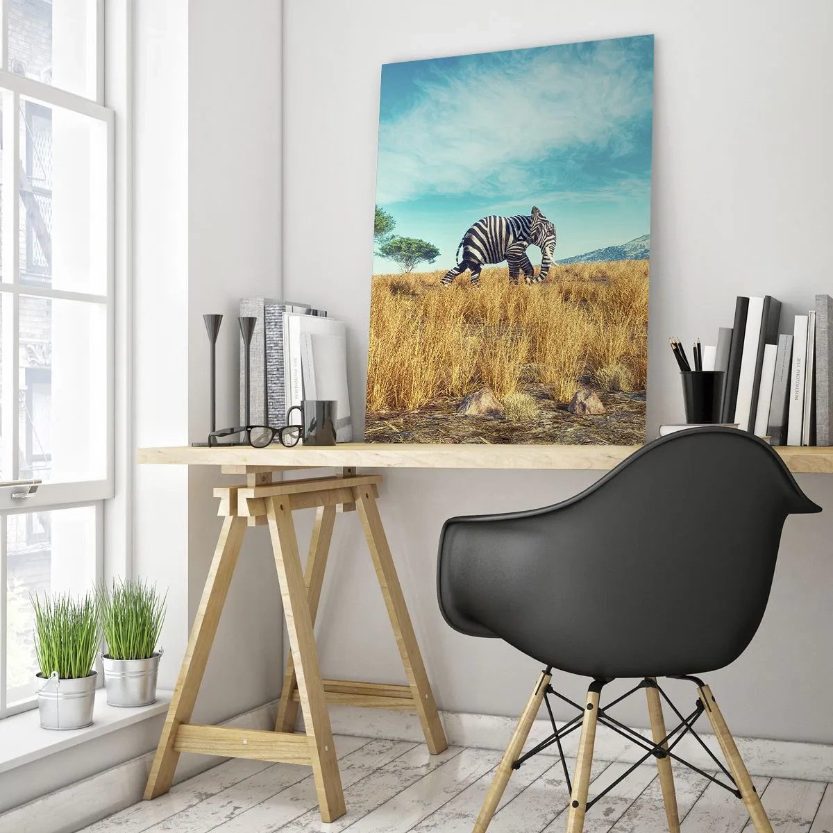 Obraz na szkle - Zebra w afrykańskim krajobrazie - 70x100cm - Szarość już niemodna - Nowoczesna dekoracja ścienna do salonu i sypialni ARTTOR