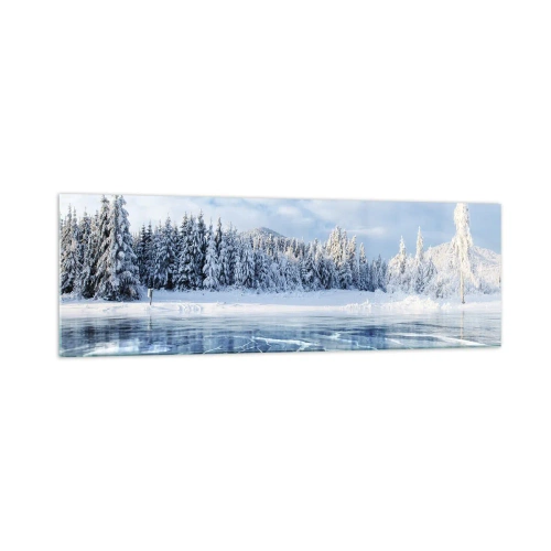Obraz na szkle - Zamarznięte jezioro otoczone zaśnieżonym lasem - 160x50cm - Olśniewający i krystaliczny widok - Nowoczesna dekoracja ścienna do salonu i sypialni ARTTOR