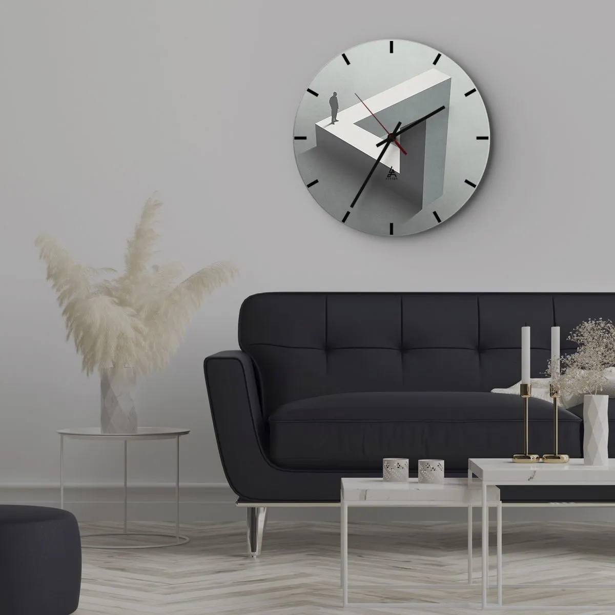 Zegar ścienny - Mężczyzna stojący na szczycie niemożliwej figury geometrycznej - 30x30cm - A jednak możliwe - Nowoczesna dekoracja ścienna do salonu, kuchni i sypialni ARTTOR