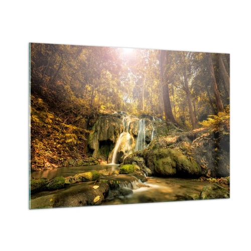 Obraz na szkle - Leśna kaskada w zieleni - 100x70cm - Leśna kaskada w zieleni - Nowoczesna dekoracja ścienna do salonu, kuchni i sypialni ARTTOR