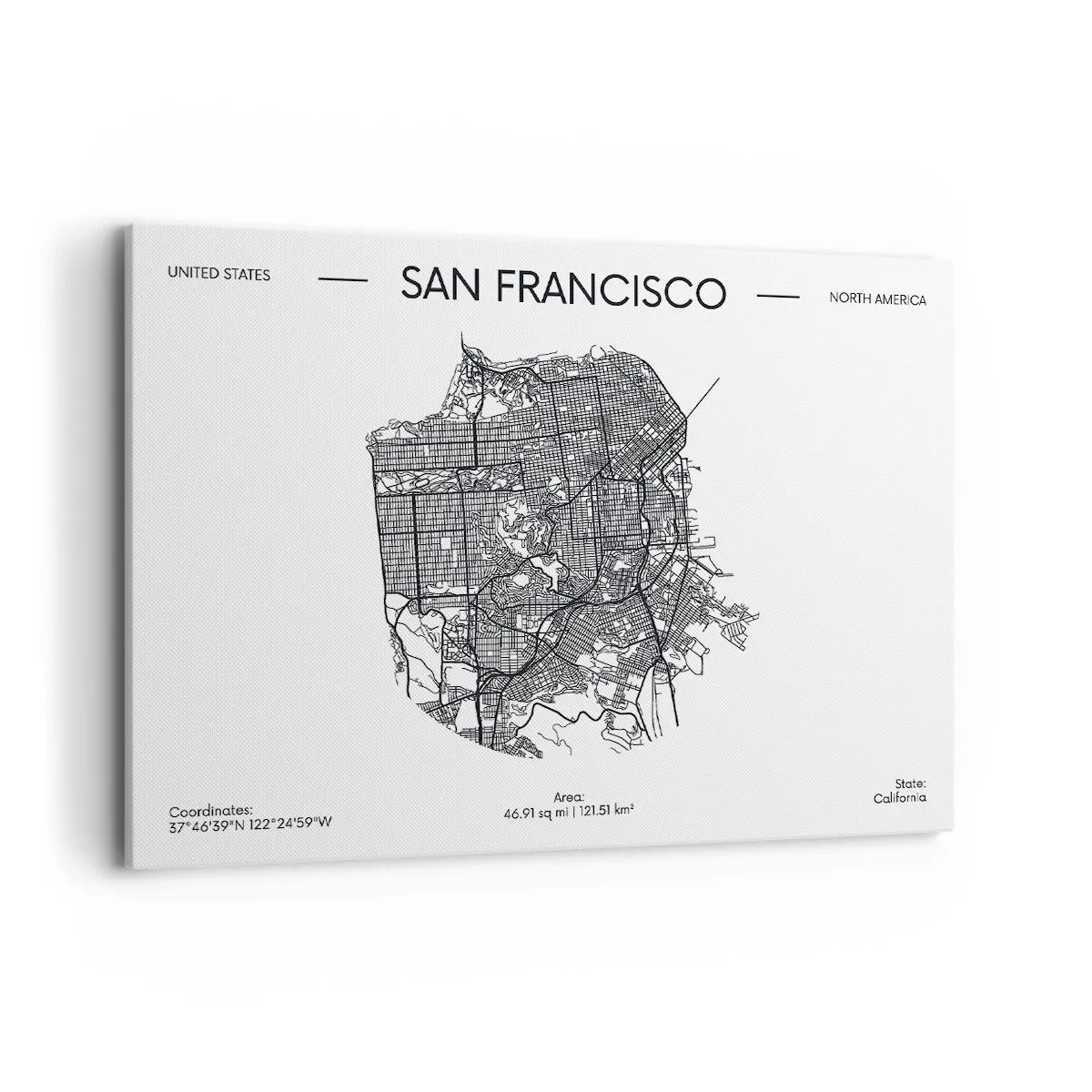 Obraz na płótnie - Mapa San Francisco w czarno-białym stylu minimalistycznym - 100x70cm - Anatomia San Francisco - Nowoczesna dekoracja ścienna do salonu, kuchni i sypialni ARTTOR