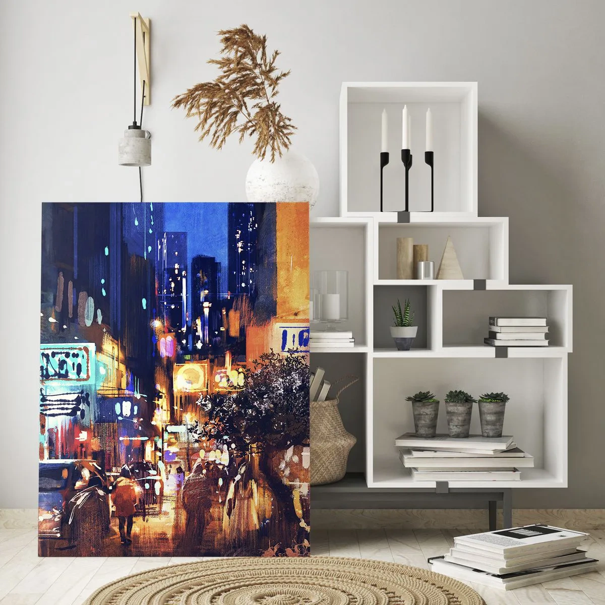 Obraz na szkle - Malownicza nocna scena miasta z neonami i ulicznym ruchem - 50x70cm - A miasto nie śpi - Nowoczesna dekoracja ścienna do salonu, kuchni i sypialni ARTTOR