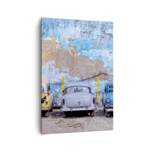 Obraz na płótnie - Stare samochody na tle zniszczonego muru - 70x100cm - Spotkanie weteranów - Nowoczesna dekoracja ścienna do salonu i sypialni ARTTOR