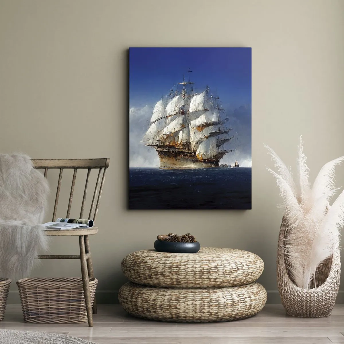 Obraz na płótnie - Majestatyczny żaglowiec na pełnym morzu pod błękitnym niebem - 50x70cm - The great glory! - Nowoczesna dekoracja ścienna do salonu, kuchni i sypialni ARTTOR