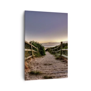 Obraz na płótnie - Drewniana ścieżka na wydmach prowadząca na plażę o zachodzie słońca - 70x100cm - Już widać cel - Nowoczesna dekoracja ścienna do salonu i sypialni ARTTOR