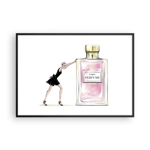 Plakat w czarnej ramie - Kobieta w czarnej sukience przy flakonie perfum - 100x70cm - Esencja kobiecości - Nowoczesna dekoracja ścienna do salonu i sypialni ARTTOR