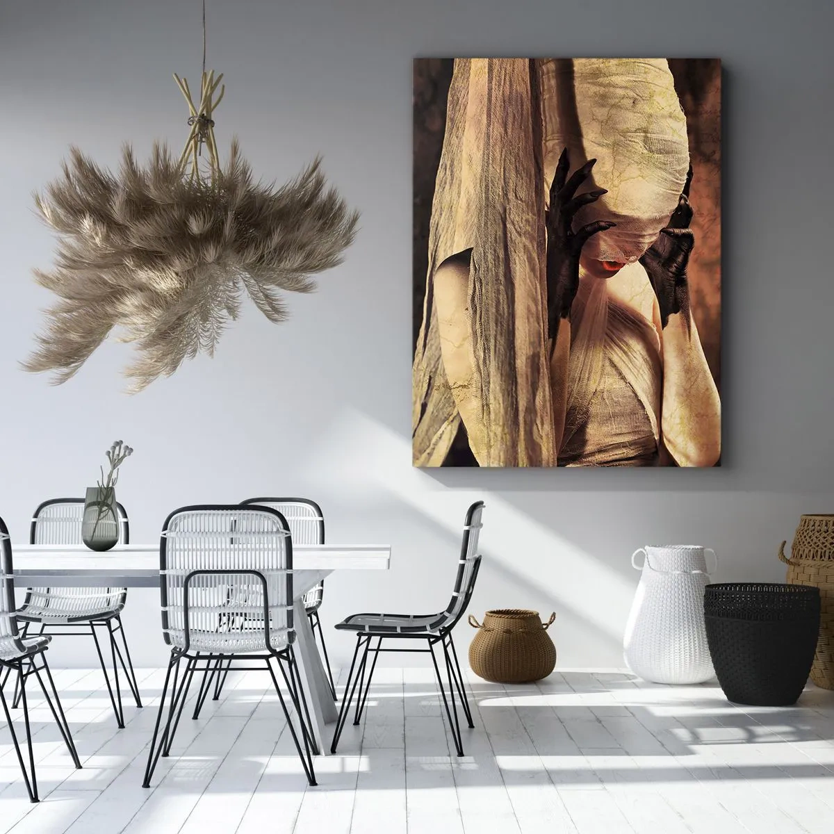 Obraz na płótnie - Postać z zawiązaną twarzą i nożyczkami w rękach - 50x70cm - Między dobrem a złem - Nowoczesna dekoracja ścienna do salonu, kuchni i sypialni ARTTOR