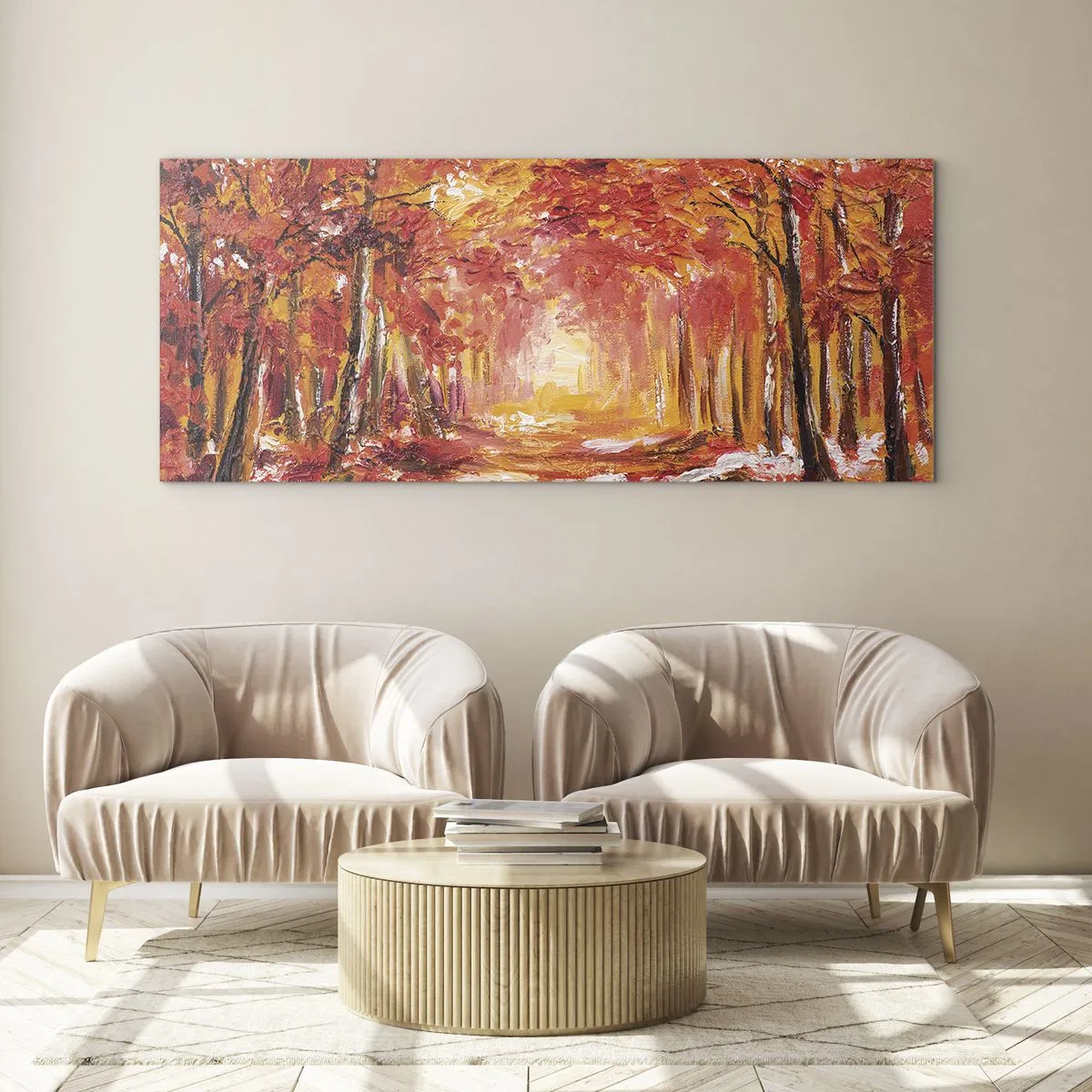 Obraz na szkle - Jesienny las w odcieniach miedzi i złota - 120x50cm - Miedziany las - Nowoczesna dekoracja ścienna do salonu i sypialni ARTTOR