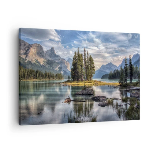 Obraz na płótnie - Krajobraz górski z wyspą otoczoną spokojnym jeziorem - 70x50cm - Nad wodą wielką i czystą… - Nowoczesna dekoracja ścienna do salonu i sypialni ARTTOR