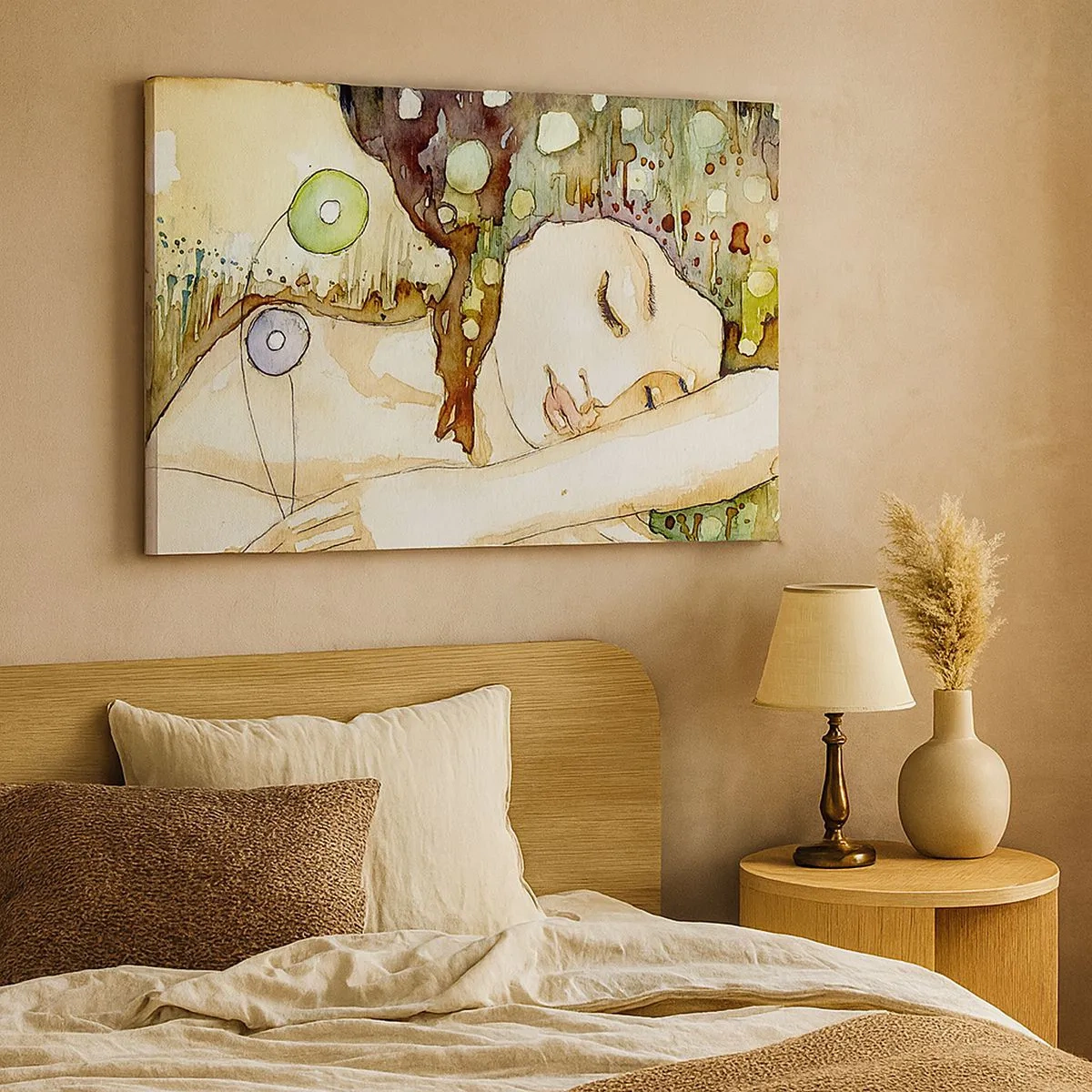 Obraz na płótnie - Kobieta śniąca w otoczeniu abstrakcyjnych kształtów i barw - 70x50cm - Szmaragdowo-fiołkowy sen - Nowoczesna dekoracja ścienna do salonu i sypialni ARTTOR