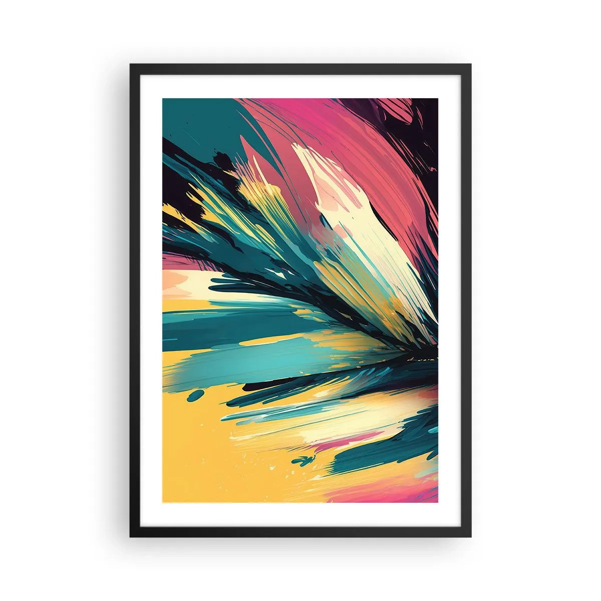 Plakat w czarnej ramie - Abstrakcyjna eksplozja barw w dynamicznym układzie - 50x70cm - Kompozycja – eksplozja radości - Nowoczesna dekoracja ścienna do salonu i sypialni ARTTOR