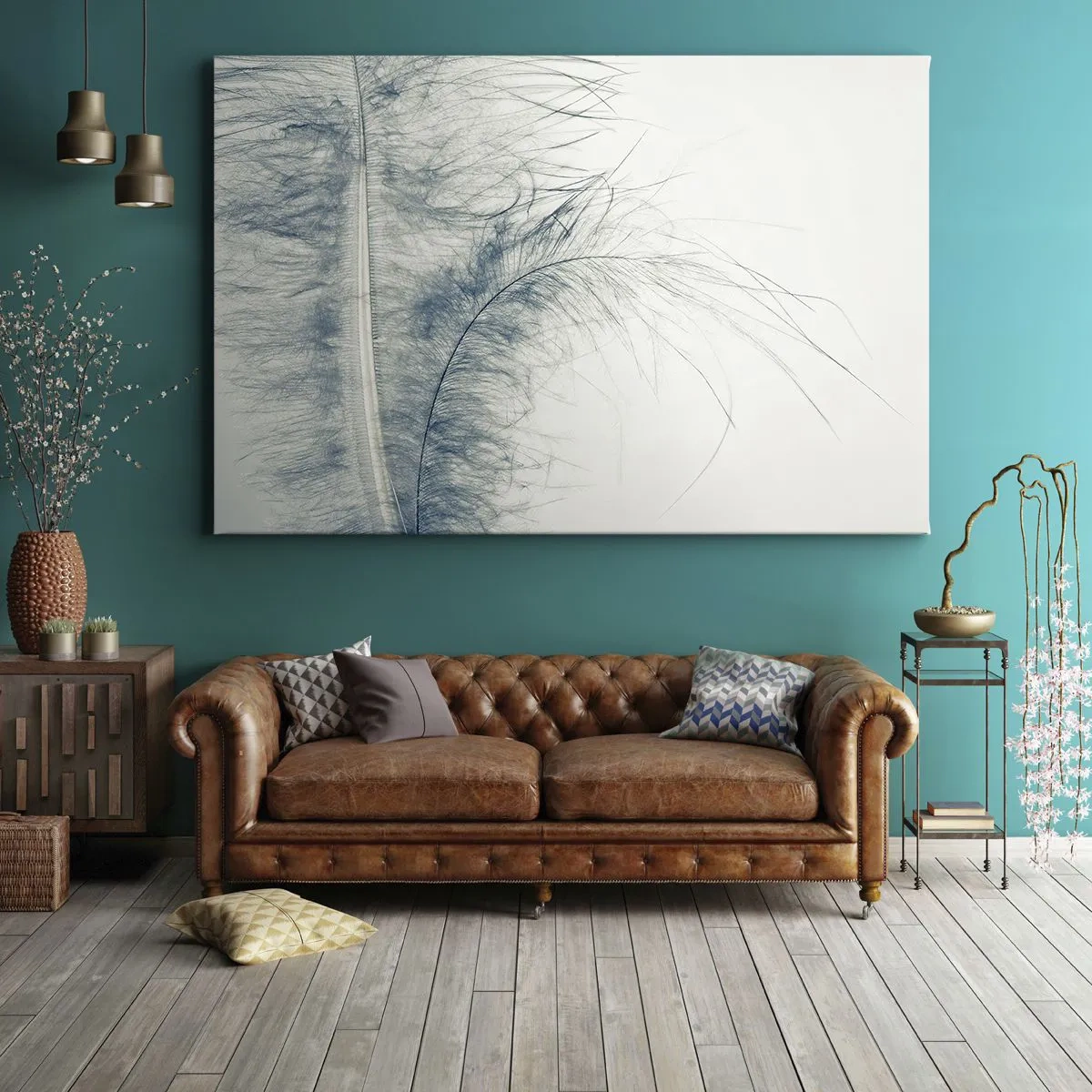 Obraz na płótnie - Delikatne pióro w pastelowych odcieniach na jasnym tle - 70x50cm - Szept natury - Nowoczesna dekoracja ścienna do salonu i sypialni ARTTOR
