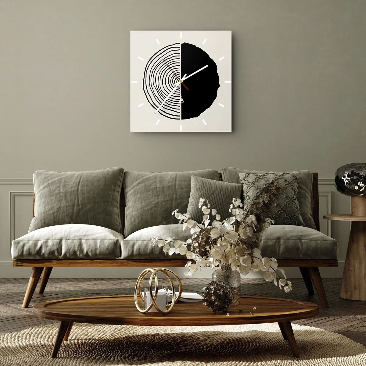 Zegar ścienny - Abstrakcyjny czarno-biały motyw inspirowany przekrojem drewna z geometrycznym podziałem - 30x30cm - Pół na pół - Nowoczesna dekoracja ścienna do salonu i sypialni ARTTOR