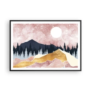 Plakat w czarnej ramie - Kolorowe góry na tle różowego nieba z księżycem - 100x70cm - Nocna straż - Nowoczesna dekoracja ścienna do salonu i sypialni ARTTOR