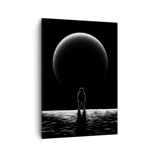 Obraz na płótnie - Astronauta stojący na powierzchni planety naprzeciw gigantycznego księżyca - 50x70cm - Twarzą w twarz - Nowoczesna dekoracja ścienna do salonu, kuchni i sypialni ARTTOR