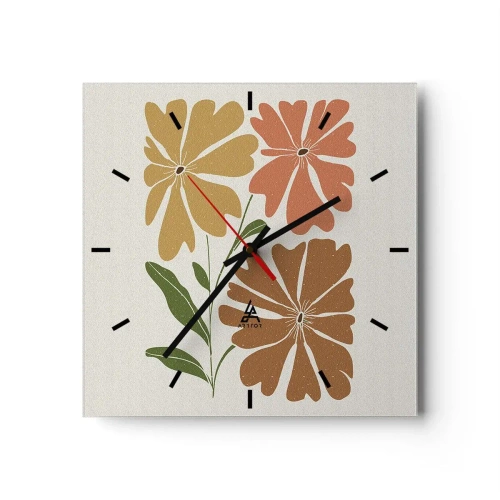 Zegar ścienny - Trzy kwiaty w ciepłych barwach na jasnym tle - 30x30cm - Natura i geometria - Nowoczesna dekoracja ścienna do salonu i sypialni ARTTOR