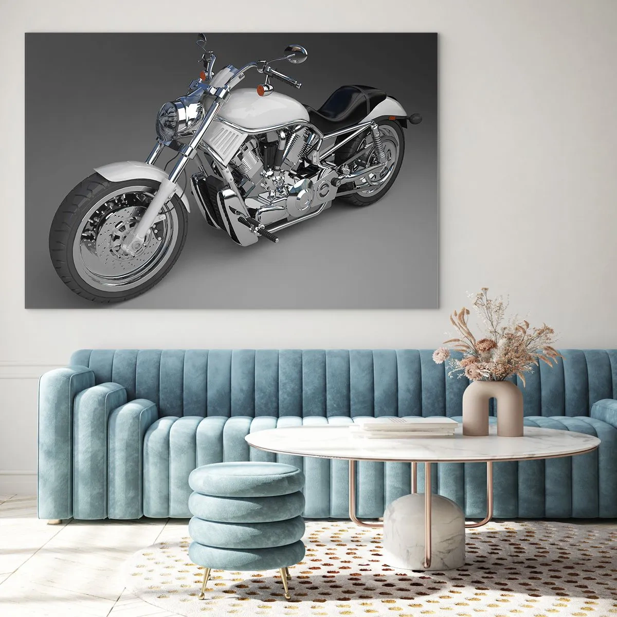 Obraz na szkle - Stylowy motocykl na szarym tle w nowoczesnym ujęciu - 70x50cm - Aż chce się klęknąć - Nowoczesna dekoracja ścienna do salonu i sypialni ARTTOR