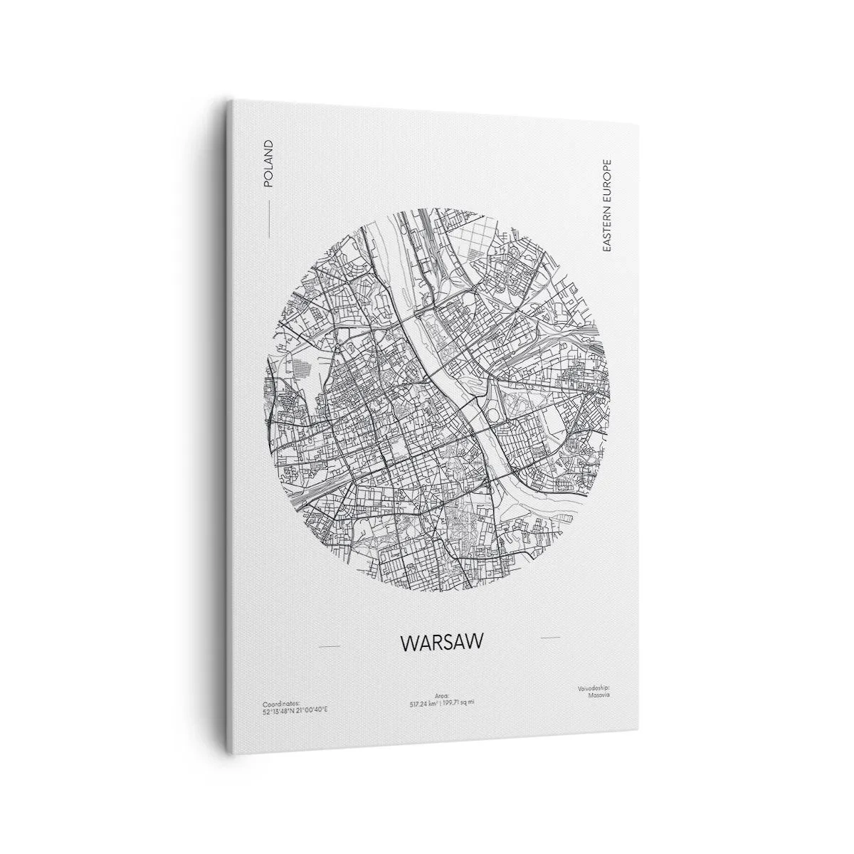 Obraz na płótnie - Mapa miasta Warszawy w minimalistycznym wydaniu - 50x70cm - Anatomia Warszawy - Nowoczesna dekoracja ścienna do salonu, kuchni i sypialni ARTTOR