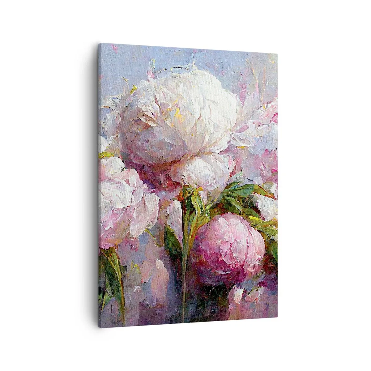 Obraz na płótnie - Malarska kompozycja przedstawiająca kwitnące piwonie w pastelowych barwach - 50x70cm - Kipiący życiem bukiet - Nowoczesna dekoracja ścienna do salonu, kuchni i sypialni ARTTOR