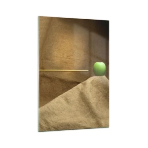 Obraz na szkle - Zielone jabłko na tkaninie ze strzałą tworzącą kompozycję - 70x100cm - Przywołać ducha Wilhelma Tella - Nowoczesna dekoracja ścienna do salonu i sypialni ARTTOR