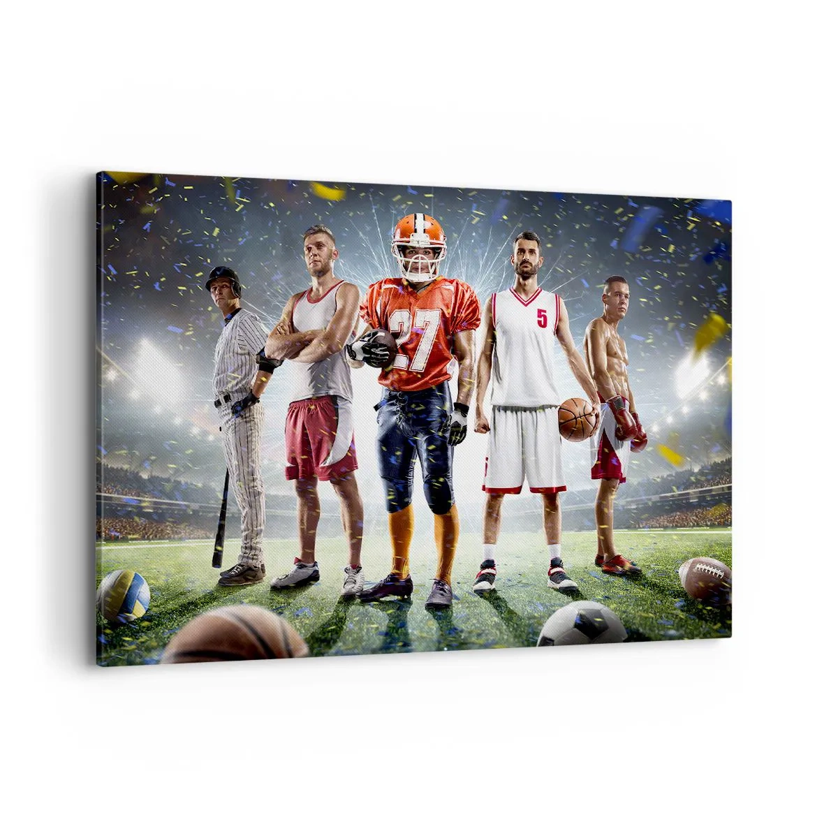 Obraz na płótnie - Dynamiczna scena sportowców różnych dyscyplin na stadionie w świetle reflektorów - 100x70cm - Gladiatorzy boisk - Nowoczesna dekoracja ścienna do salonu, kuchni i sypialni ARTTOR