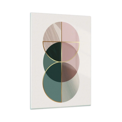 Obraz na szkle - Geometryczne figury z odcieniami zieleni i różu na jasnym tle - 50x70cm - Koło za kołem… - Nowoczesna dekoracja ścienna do salonu, kuchni i sypialni ARTTOR