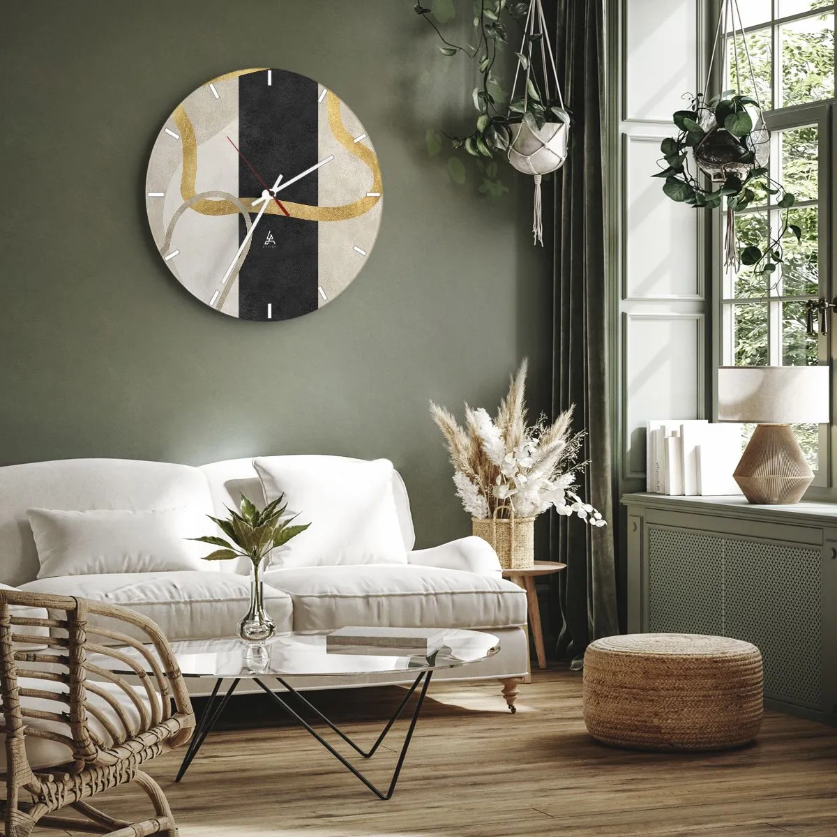Zegar ścienny - Złote linie na tle czarnego pasa i beżowych kształtów - 30x30cm - Kształty zapętlone - Nowoczesna dekoracja ścienna do salonu, kuchni i sypialni ARTTOR
