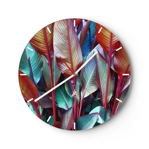 Zegar ścienny - Barwne liście tropikalnych roślin - 30x30cm - Kolorowy gąszcz - Nowoczesna dekoracja ścienna do salonu, kuchni i sypialni ARTTOR