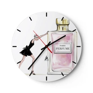 Zegar ścienny - Kobieta przy flakonie perfum - 30x30cm - Esencja kobiecości - Nowoczesna dekoracja ścienna do salonu, kuchni i sypialni ARTTOR