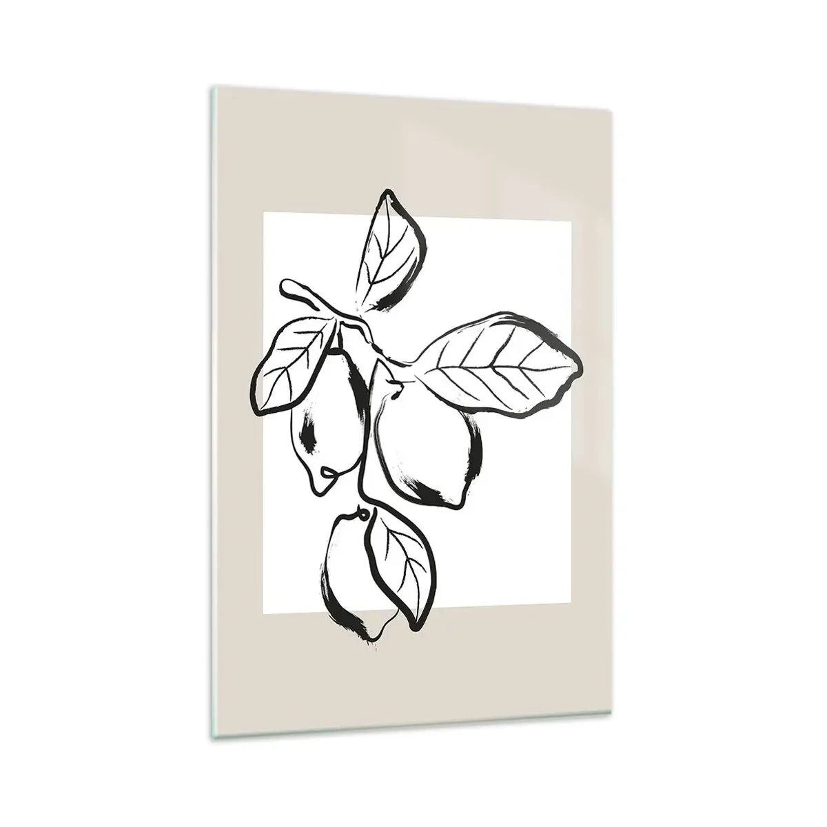 Obraz na szkle - Minimalistyczna ilustracja cytryn na gałązce w czerni i bieli - 80x120cm - Gdzie cytryna dojrzewa… - Nowoczesna dekoracja ścienna do salonu i sypialni ARTTOR