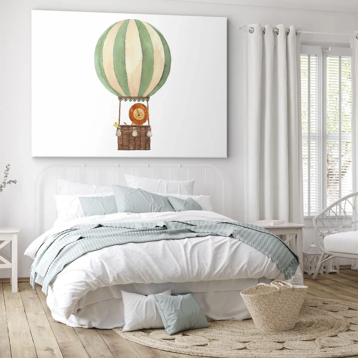 Obraz na płótnie - Balon z uśmiechniętym lwem w koszu w pastelowych barwach - 100x70cm - Podróże Leona - Nowoczesna dekoracja ścienna do salonu, kuchni i sypialni ARTTOR